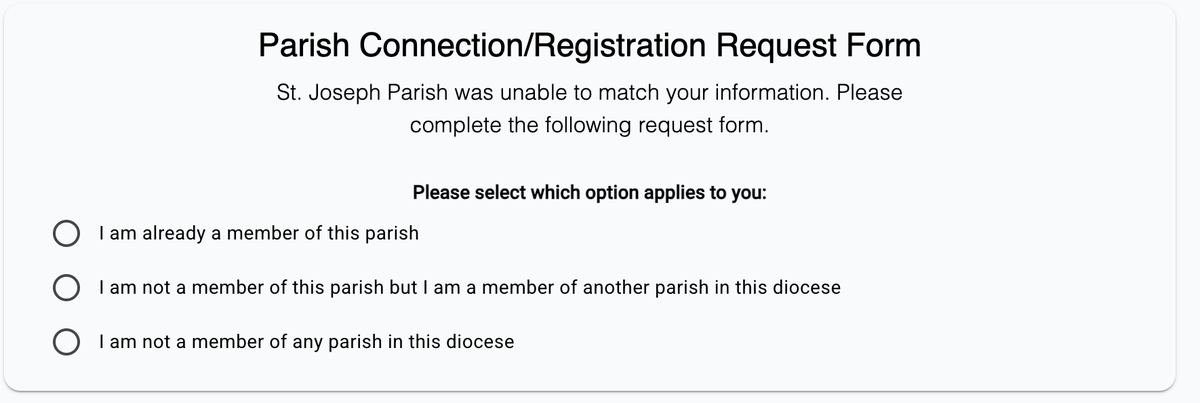 The Parish Connection and Registration Request Form in Camino Life, asking whether you are already a member of this parish or not a member of any parish