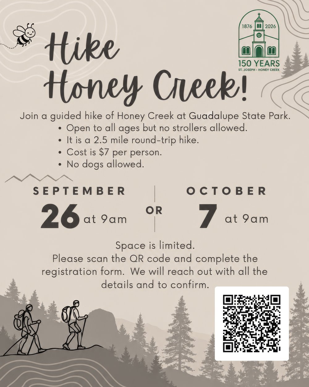 Hike Honey Creek flyer: guided hike of Honey Creek at Guadalupe River State Park, 9am, $7 per person, 2.5 miles round trip